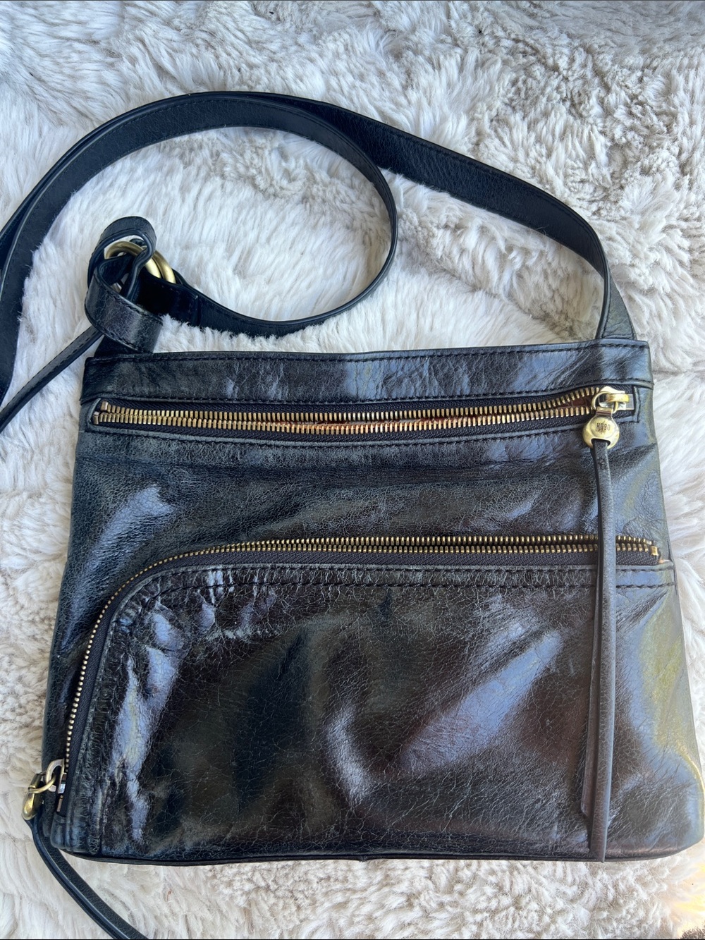 HOBO Black Patent Leather Crossbody with Gold Hardware